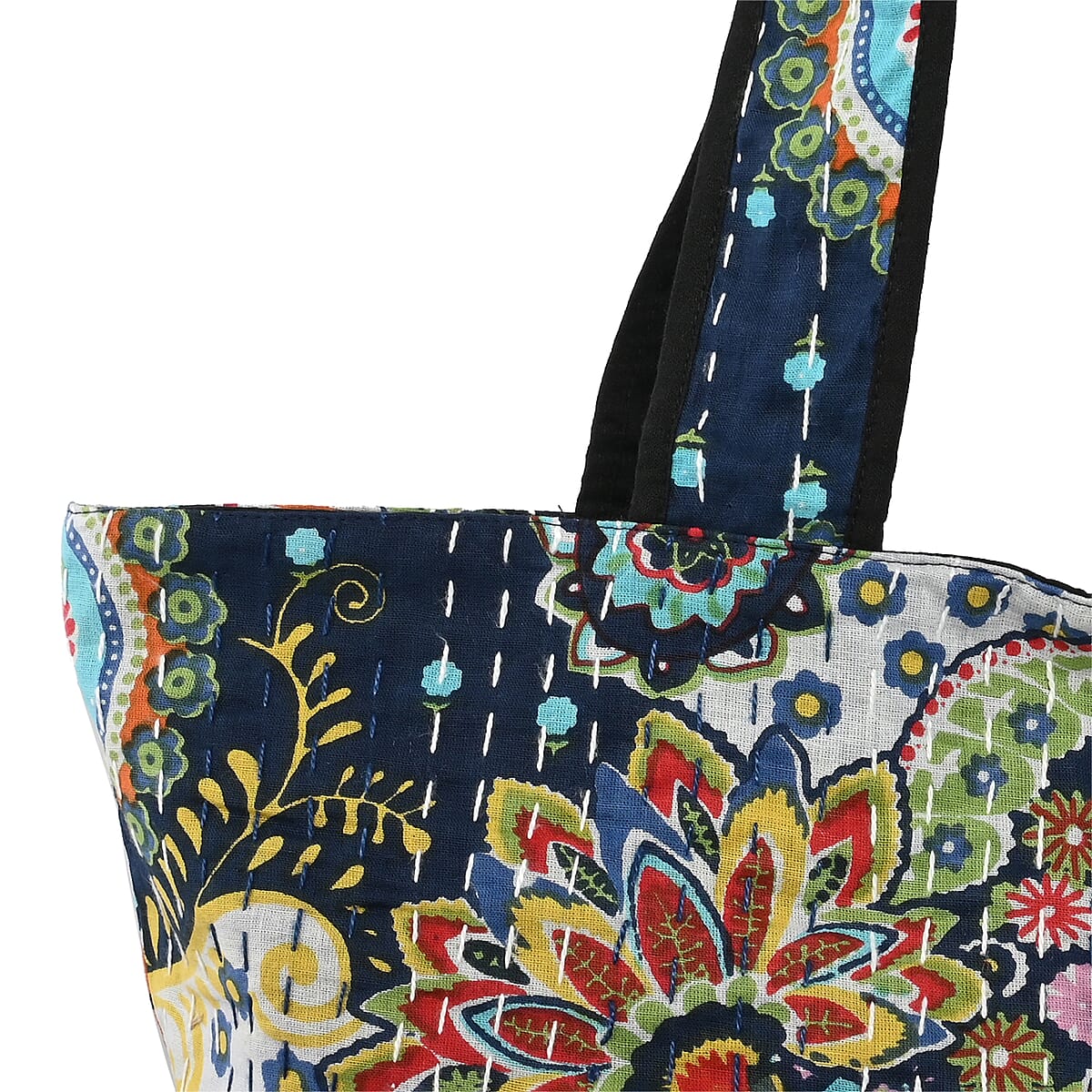 Navy Paisley Printed 100% Cotton Handmade Kantha Tote Bag image number 6
