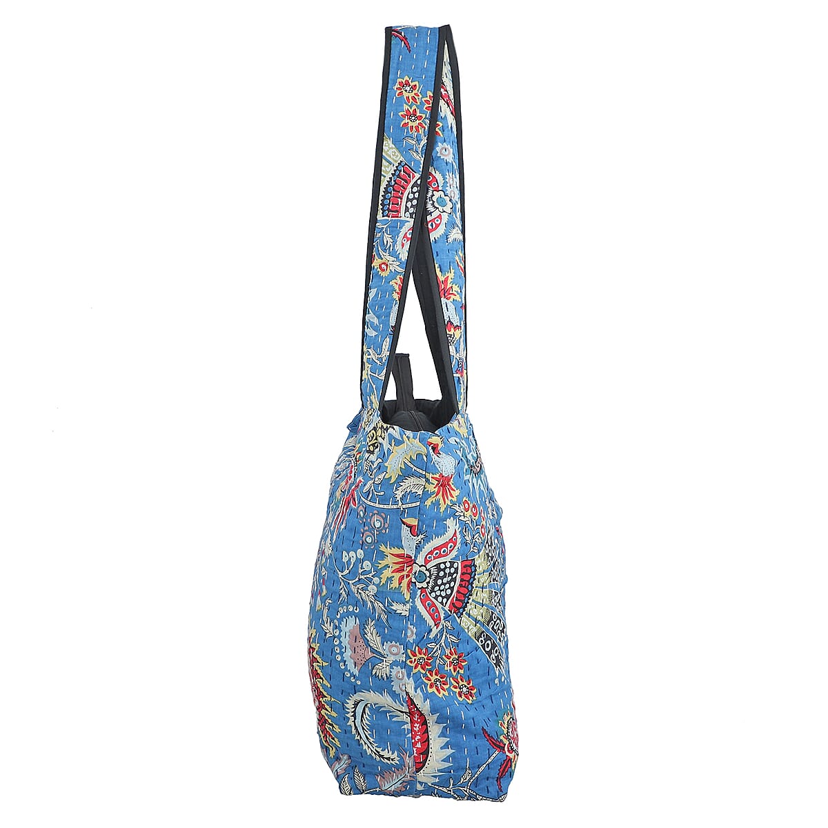 Blue Floral Printed 100% Cotton Kantha Tote Bag image number 3