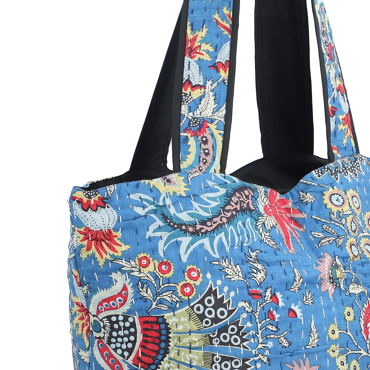 Blue Floral Printed 100% Cotton Kantha Tote Bag image number 6