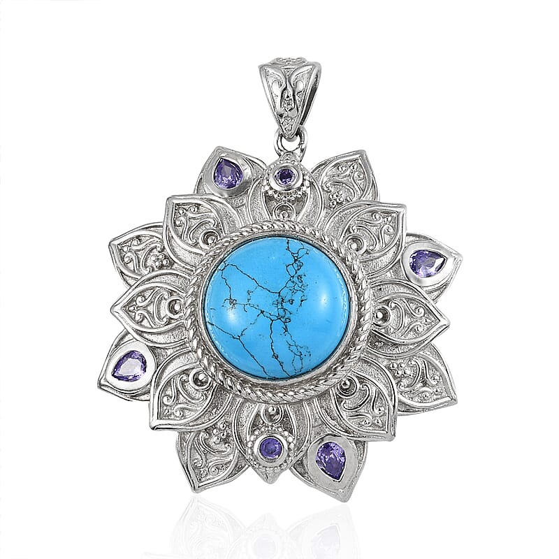 Karis Blue Howlite and Simulated Amethyst Diamond Floral Pendant in Platinum Bond 7.65 ctw