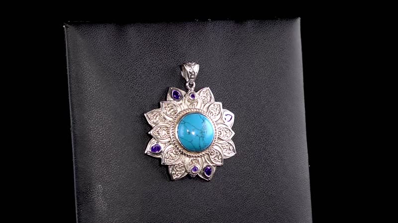 KARIS Blue Howlite, Simulated Amethyst Diamond Floral Pendant in Platinum Bond 7.65 ctw