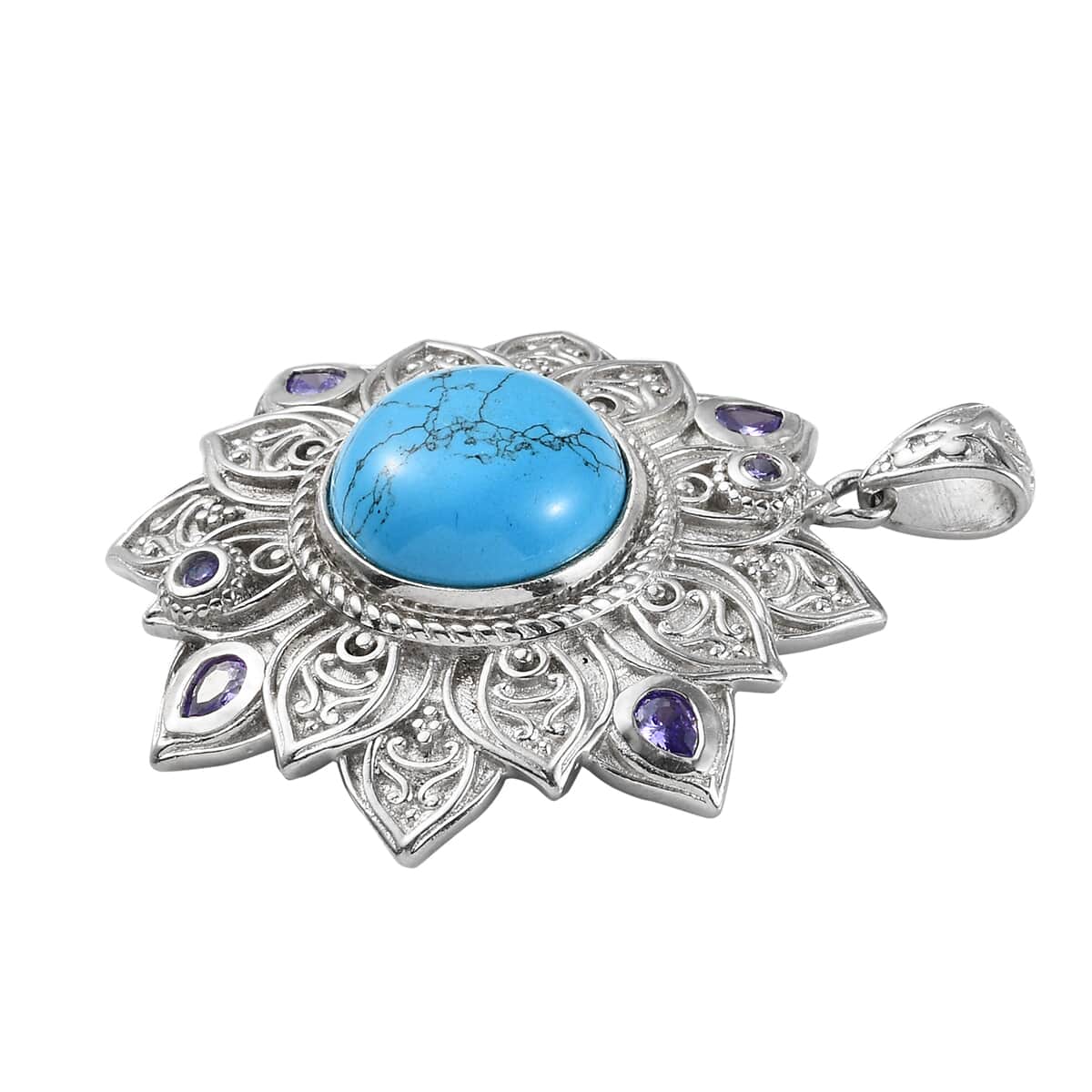 KARIS Blue Howlite, Simulated Amethyst Diamond Floral Pendant in Platinum Bond 7.65 ctw image number 2