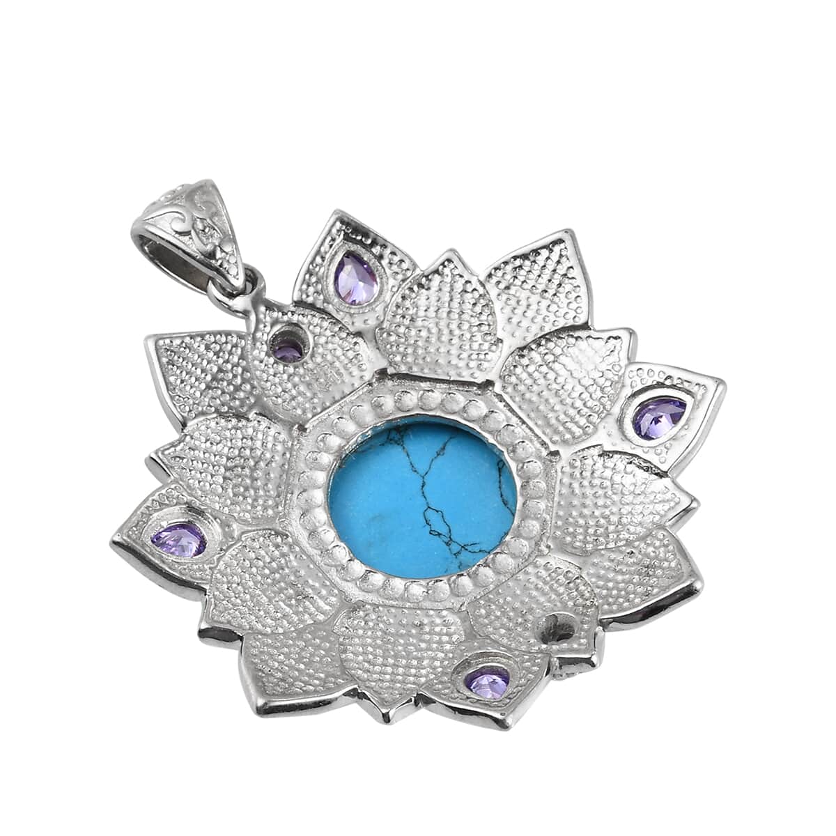 KARIS Blue Howlite, Simulated Amethyst Diamond Floral Pendant in Platinum Bond 7.65 ctw image number 3