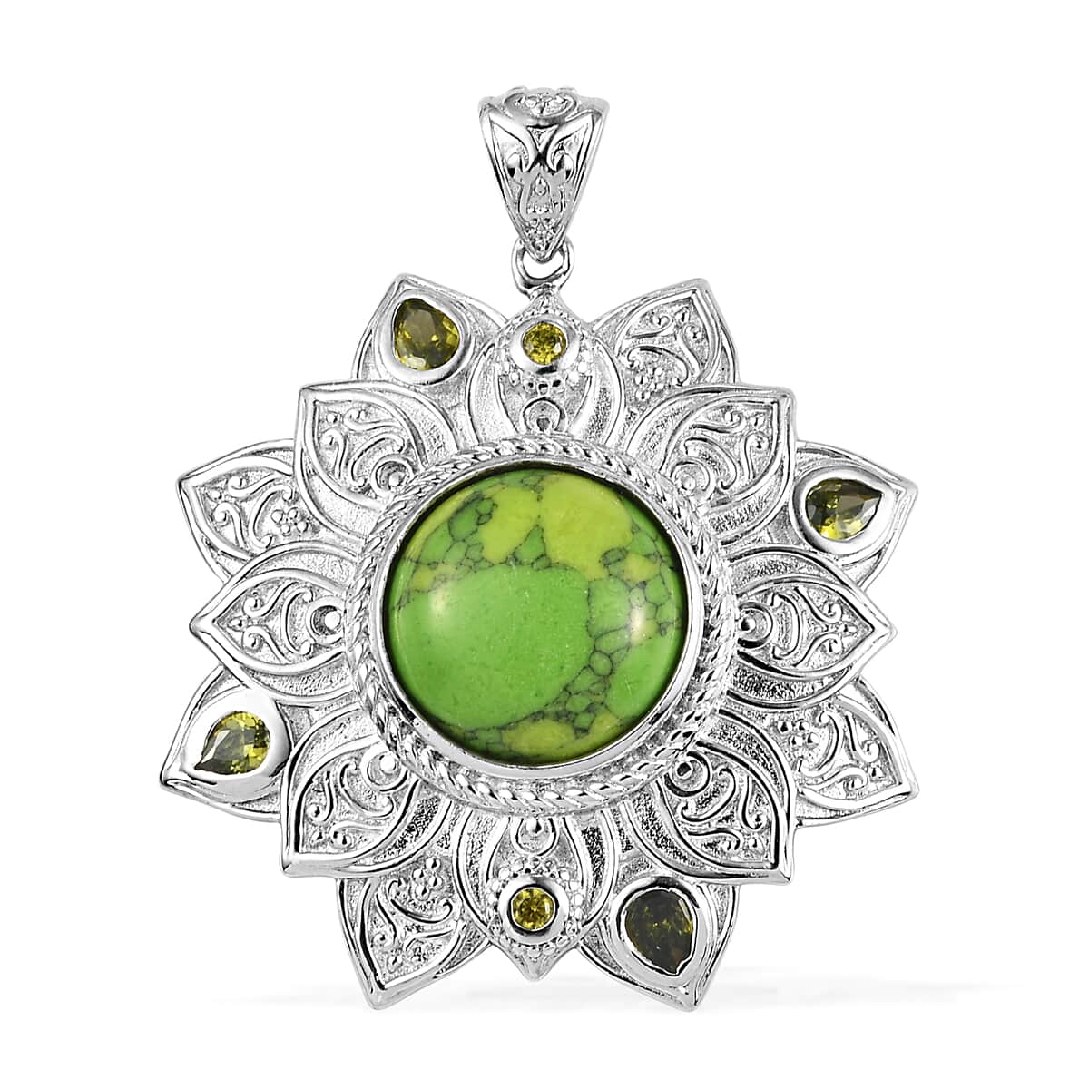 Karis Green Howlite and Simulated Peridot Diamond Floral Pendant in Platinum Bond 7.85 ctw image number 0