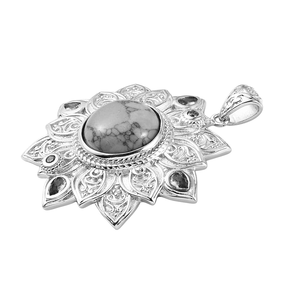 Karis Green Howlite and Simulated Peridot Diamond Floral Pendant in Platinum Bond 7.85 ctw image number 2