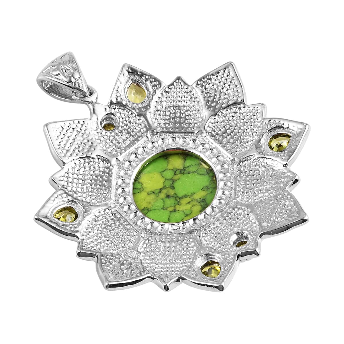 Karis Green Howlite and Simulated Peridot Diamond Floral Pendant in Platinum Bond 7.85 ctw image number 3