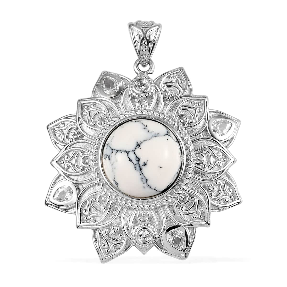 Karis White Howlite and Simulated Diamond Floral Pendant in Platinum Bond 9.20 ctw image number 0