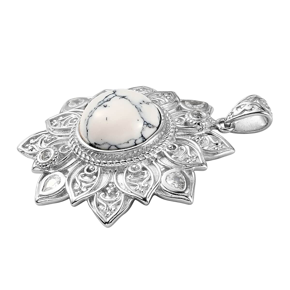 Karis White Howlite and Simulated Diamond Floral Pendant in Platinum Bond 9.20 ctw image number 2
