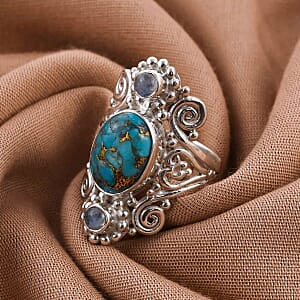 Mohave Turquoise and Rainbow Moonstone 5.72 ctw Ring in Sterling Silver (Size 5.5)