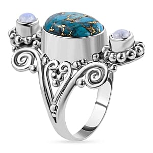 Mohave Turquoise and Rainbow Moonstone 5.72 ctw Ring in Sterling Silver (Size 5.5)