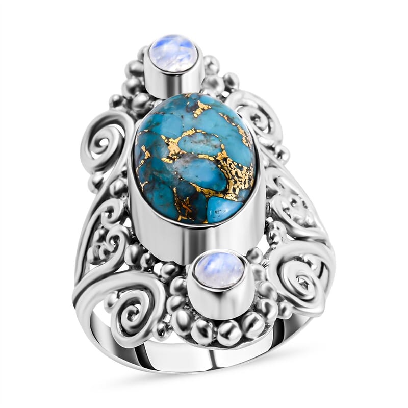 Mohave Turquoise and Rainbow Moonstone 5.72 ctw Ring in Sterling Silver (Size 9)