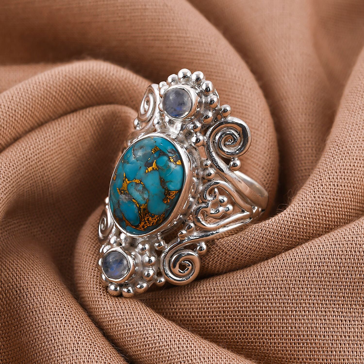 Mohave Turquoise and Rainbow Moonstone 5.72 ctw Ring in Sterling Silver (Size 9)