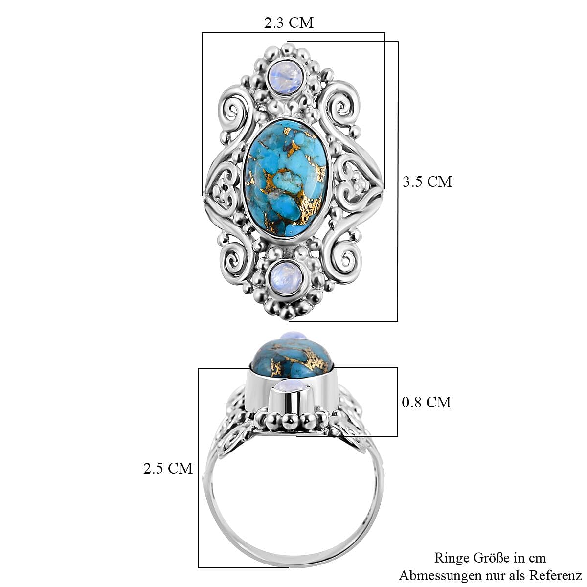 Mohave Turquoise and Rainbow Moonstone 5.72 ctw Ring in Sterling Silver (Size 9)