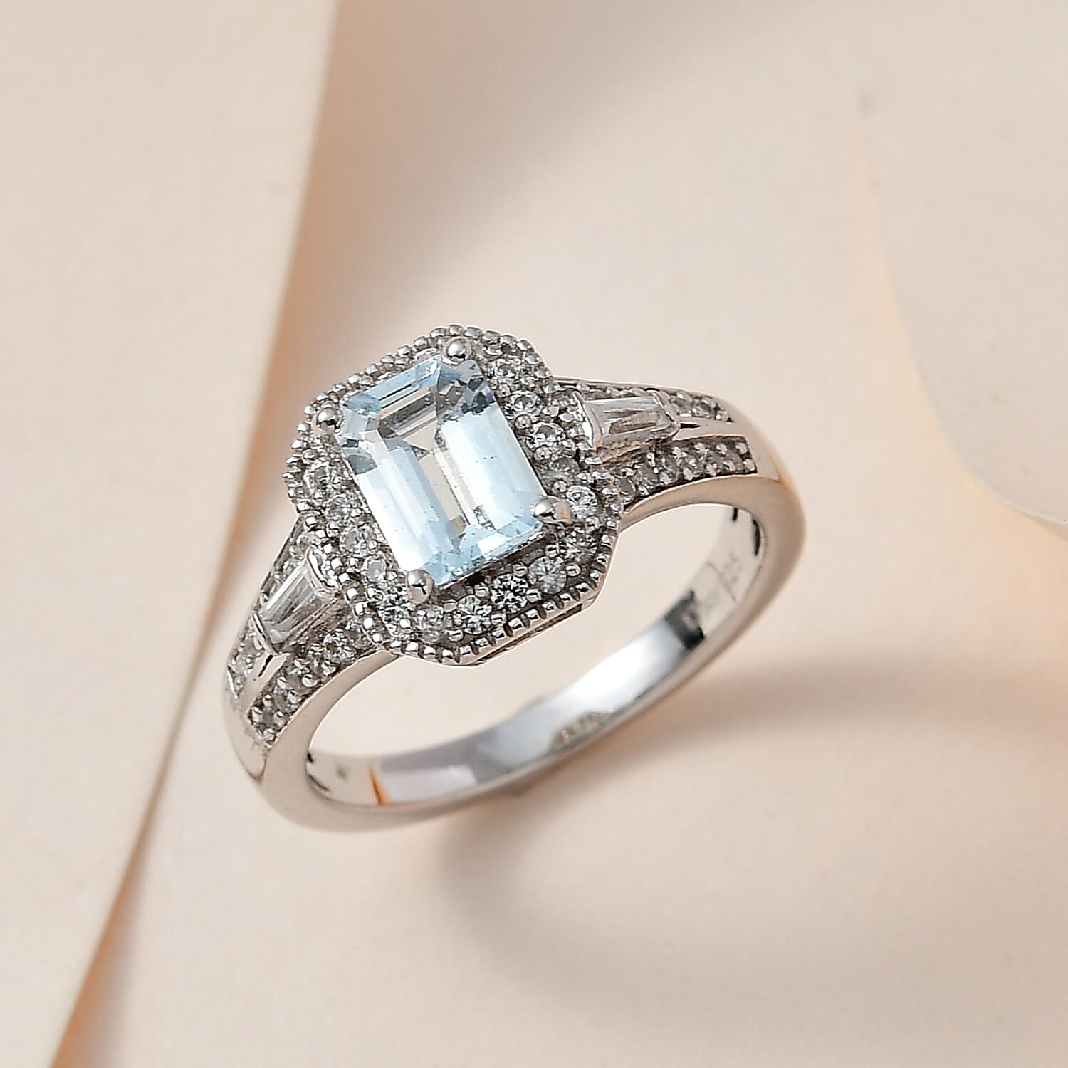 Premium Mangoro Aquamarine and White Zircon Halo Ring in Platinum Over Sterling Silver, Promise Rings (Size 10.0) 1.40 ctw