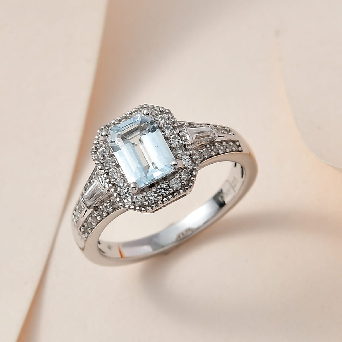 Premium Madagascar Aquamarine and White Zircon Ring in Platinum Over Sterling Silver (Size 10.0) 1.40 ctw image number 1