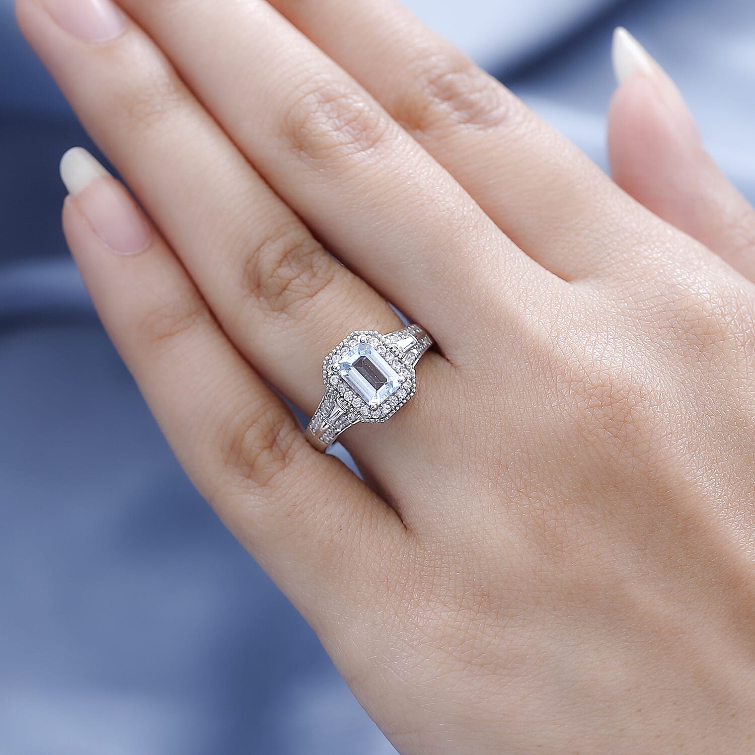 Premium Mangoro Aquamarine and White Zircon Halo Ring in Platinum Over Sterling Silver, Promise Rings (Size 10.0) 1.40 ctw