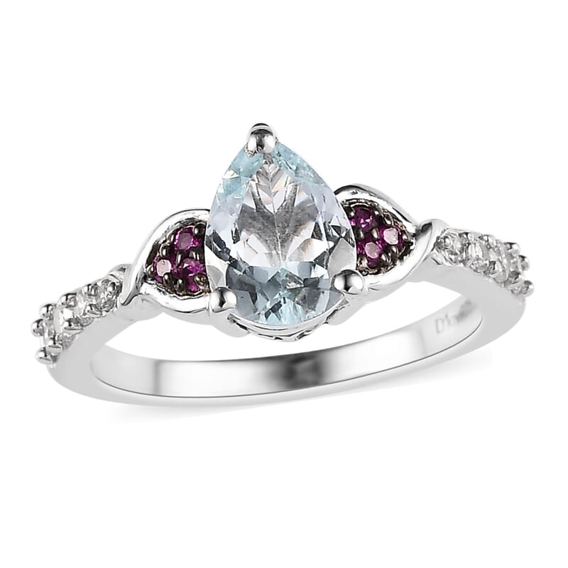 Premium Mangoro Aquamarine and Multi Gemstone Ring in Platinum Over Sterling Silver (Size 10.0) 1.15 ctw