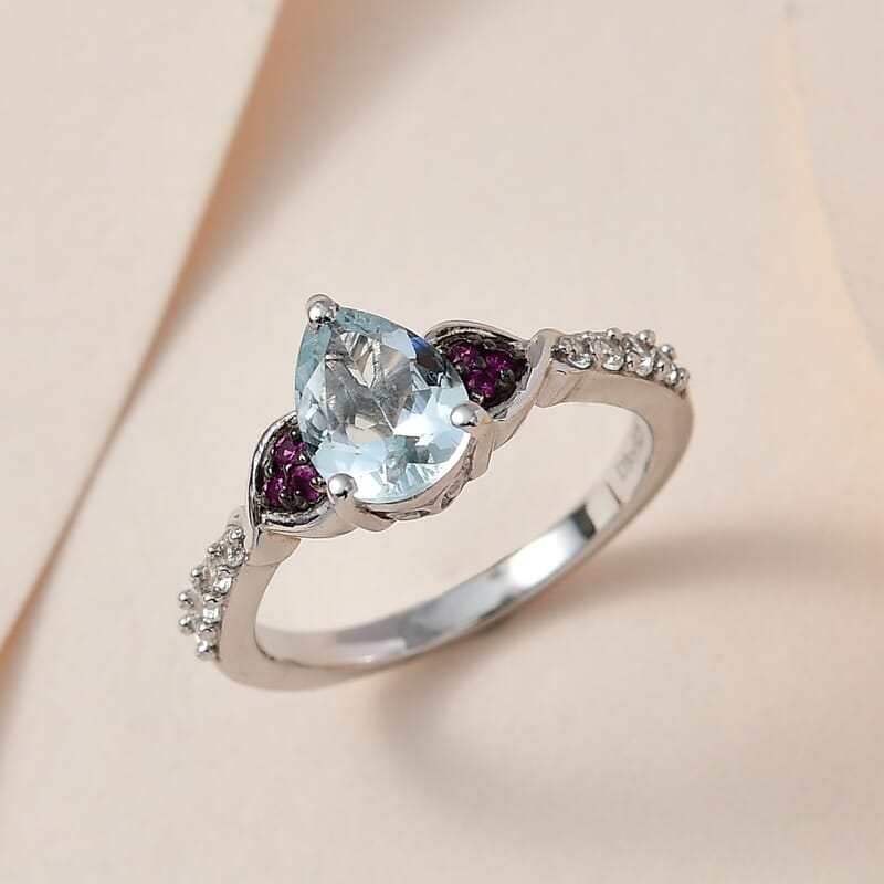 Premium Mangoro Aquamarine and Multi Gemstone Ring in Platinum Over Sterling Silver (Size 10.0) 1.15 ctw