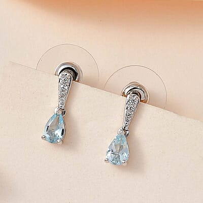 D'Joy Premium Mangoro Aquamarine and White Zircon Drop Earrings in Platinum Over Sterling Silver 0.75 ctw