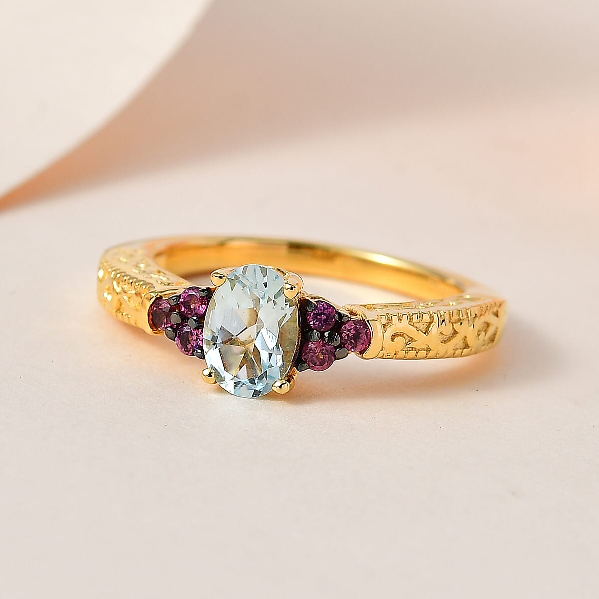 Premium Mangoro Aquamarine and Lotus Garnet Ring in Vermeil Yellow Gold Over Sterling Silver 0.90 ctw image number 1