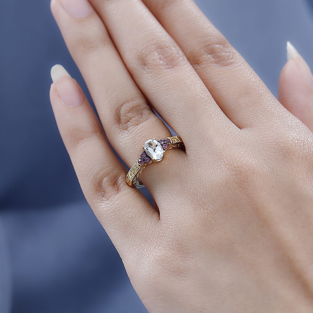 Premium Mangoro Aquamarine and Lotus Garnet Ring in Vermeil Yellow Gold Over Sterling Silver 0.90 ctw image number 2