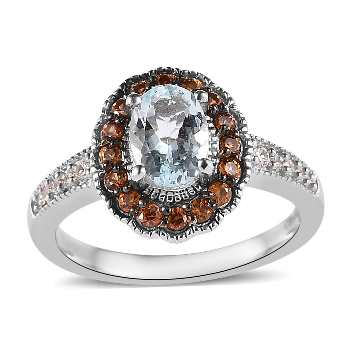 Premium Mangoro Aquamarine, Brown and White Zircon Halo Ring in Platinum Over Sterling Silver 1.15 ctw image number 0