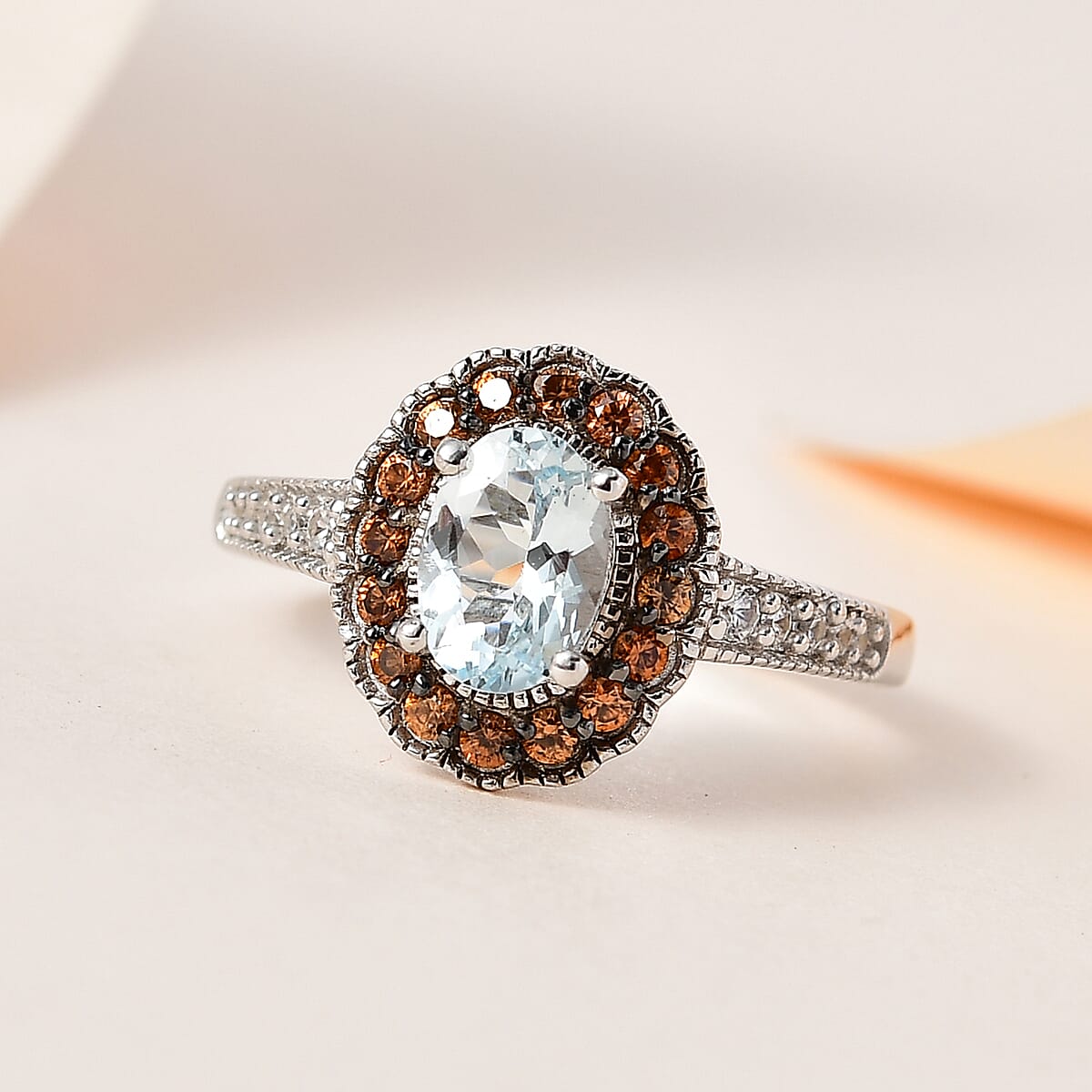 Premium Mangoro Aquamarine, Brown and White Zircon Halo Ring in Platinum Over Sterling Silver (Size 5.0) 1.15 ctw image number 1