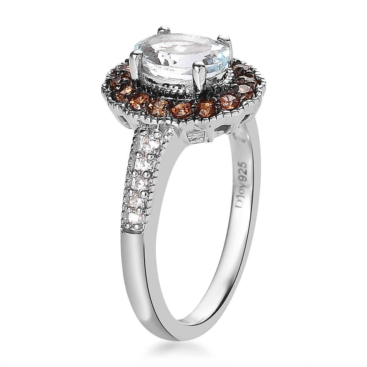 Premium Mangoro Aquamarine, Brown and White Zircon Halo Ring in Platinum Over Sterling Silver (Size 5.0) 1.15 ctw image number 3