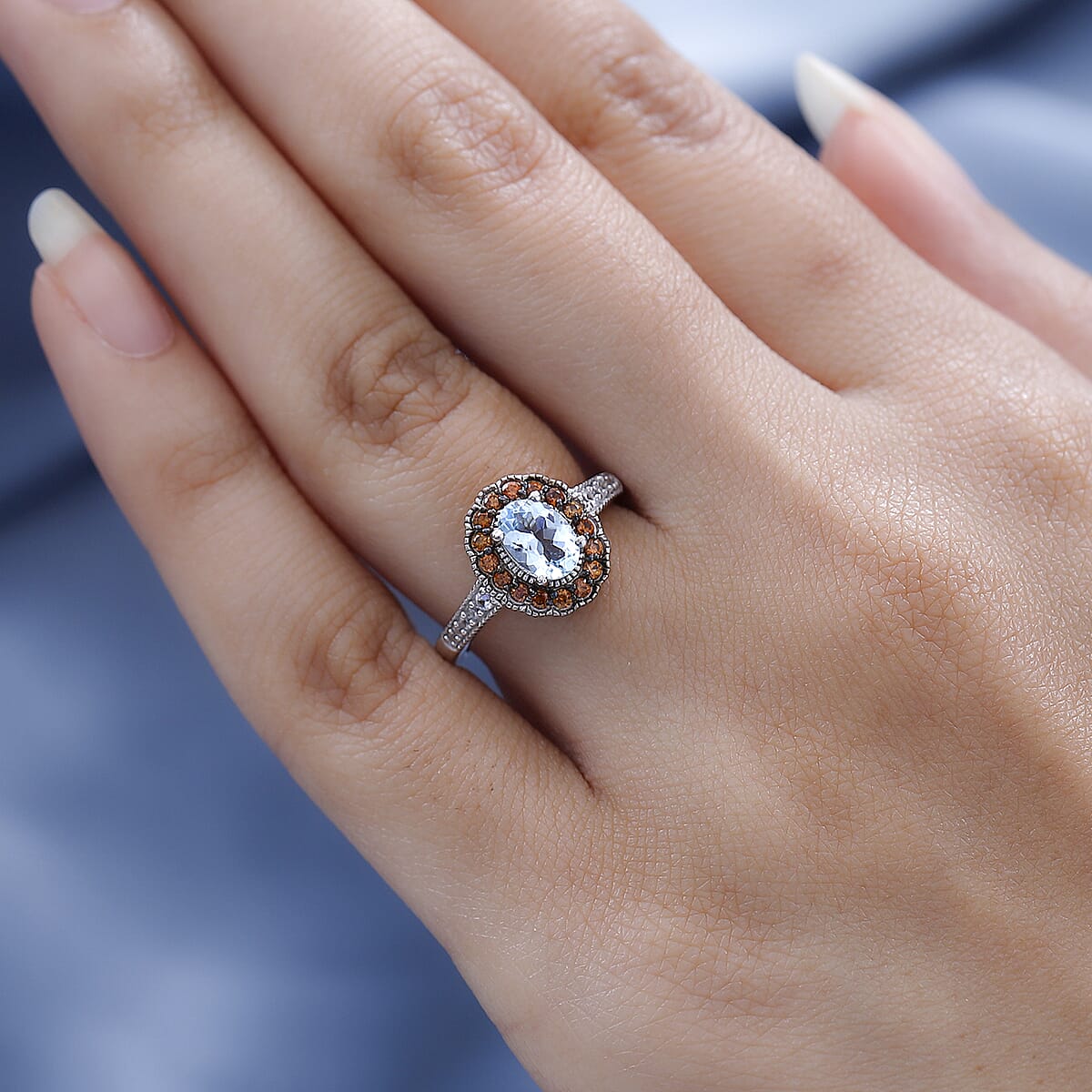 Premium Mangoro Aquamarine, Brown and White Zircon Halo Ring in Platinum Over Sterling Silver (Size 6.0) 1.15 ctw image number 2