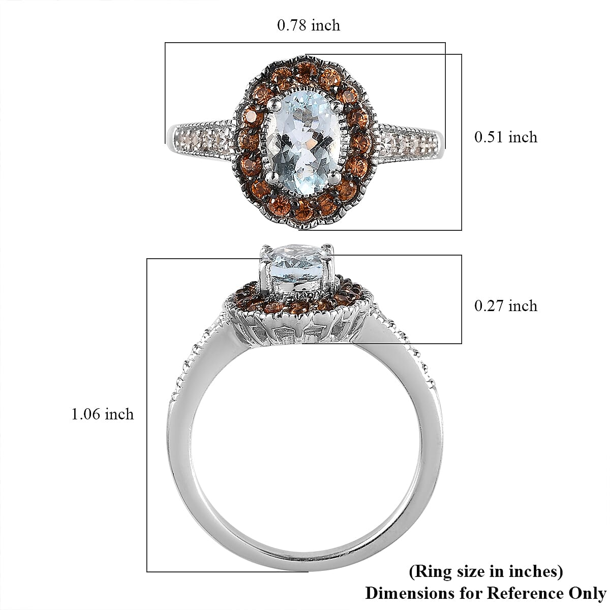 Premium Mangoro Aquamarine, Brown and White Zircon Halo Ring in Platinum Over Sterling Silver (Size 6.0) 1.15 ctw image number 5