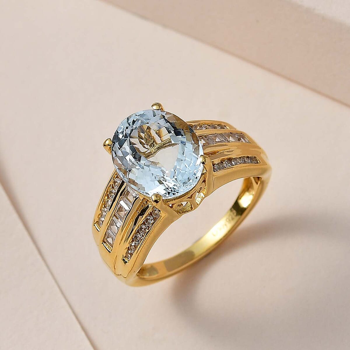 Premium Mangoro Aquamarine and White Zircon Ring in Vermeil Yellow Gold Over Sterling Silver 3.75 ctw image number 1