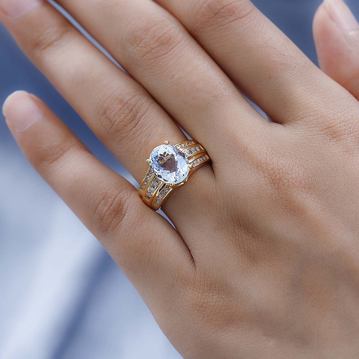 Premium Mangoro Aquamarine and White Zircon Ring in Vermeil Yellow Gold Over Sterling Silver 3.75 ctw image number 2