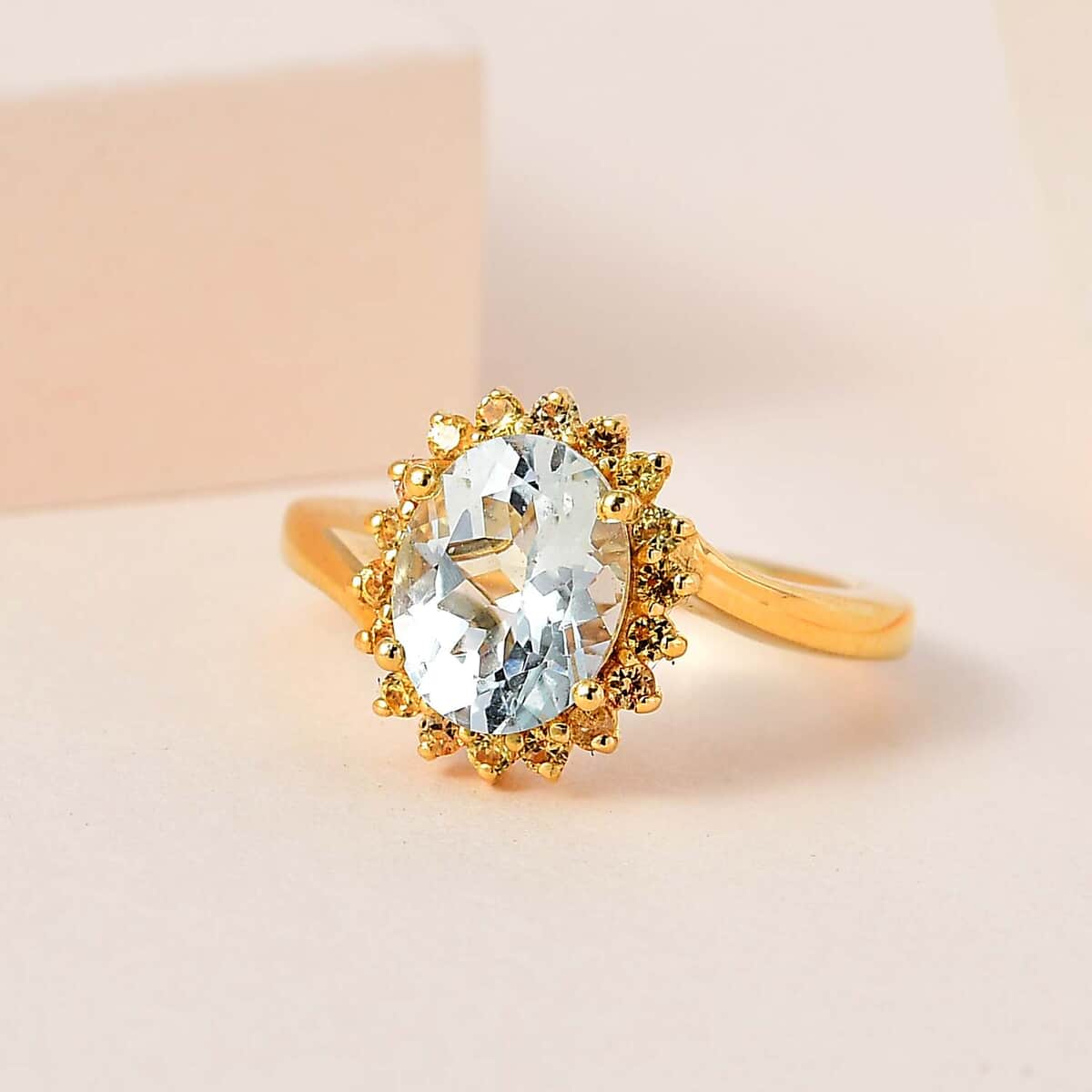 Premium Mangoro Aquamarine and Yellow Sapphire Sunburst Ring in Vermeil Yellow Gold Over Sterling Silver 1.90 ctw image number 1