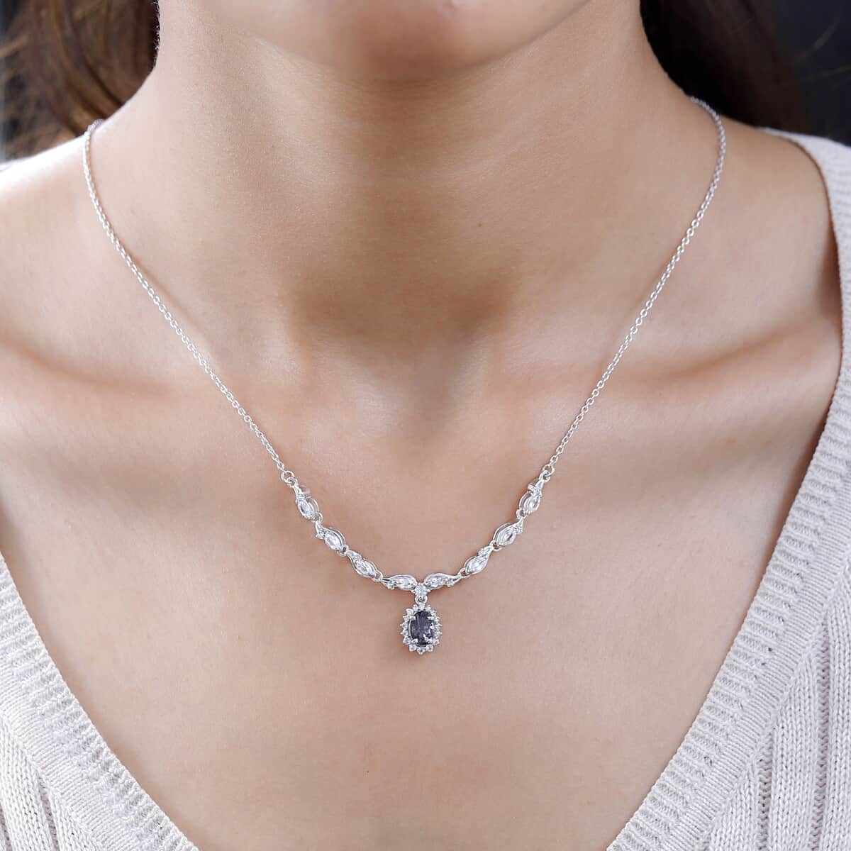 Tanzanian Platinum Spinel and White Zircon Floral Necklace 18-20 Inches in Platinum Over Sterling Silver 2.00 ctw image number 2