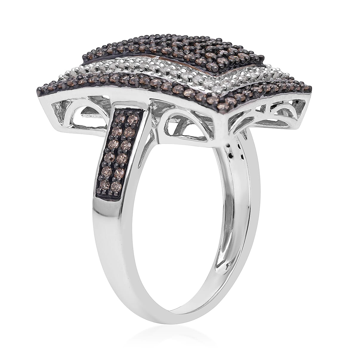 Natural Champagne and White Diamond Ring in Platinum Over Sterling Silver (Size 10) 1.00 ctw image number 3