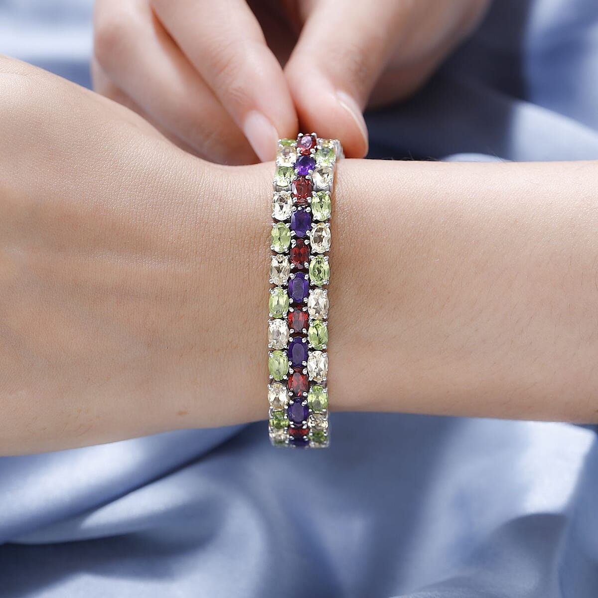 Multi Gemstone Adjustable Bracelet in Platinum Over Sterling Silver (6.50-8.0In) 29.65 ctw image number 2