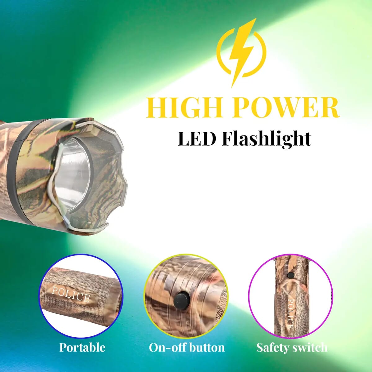 Closeout Camo Personal Protection USB Rechargeable Stun Gun With High Power LED Flashlight, Personal Self Defense Tool With Safety Switch image number 1
