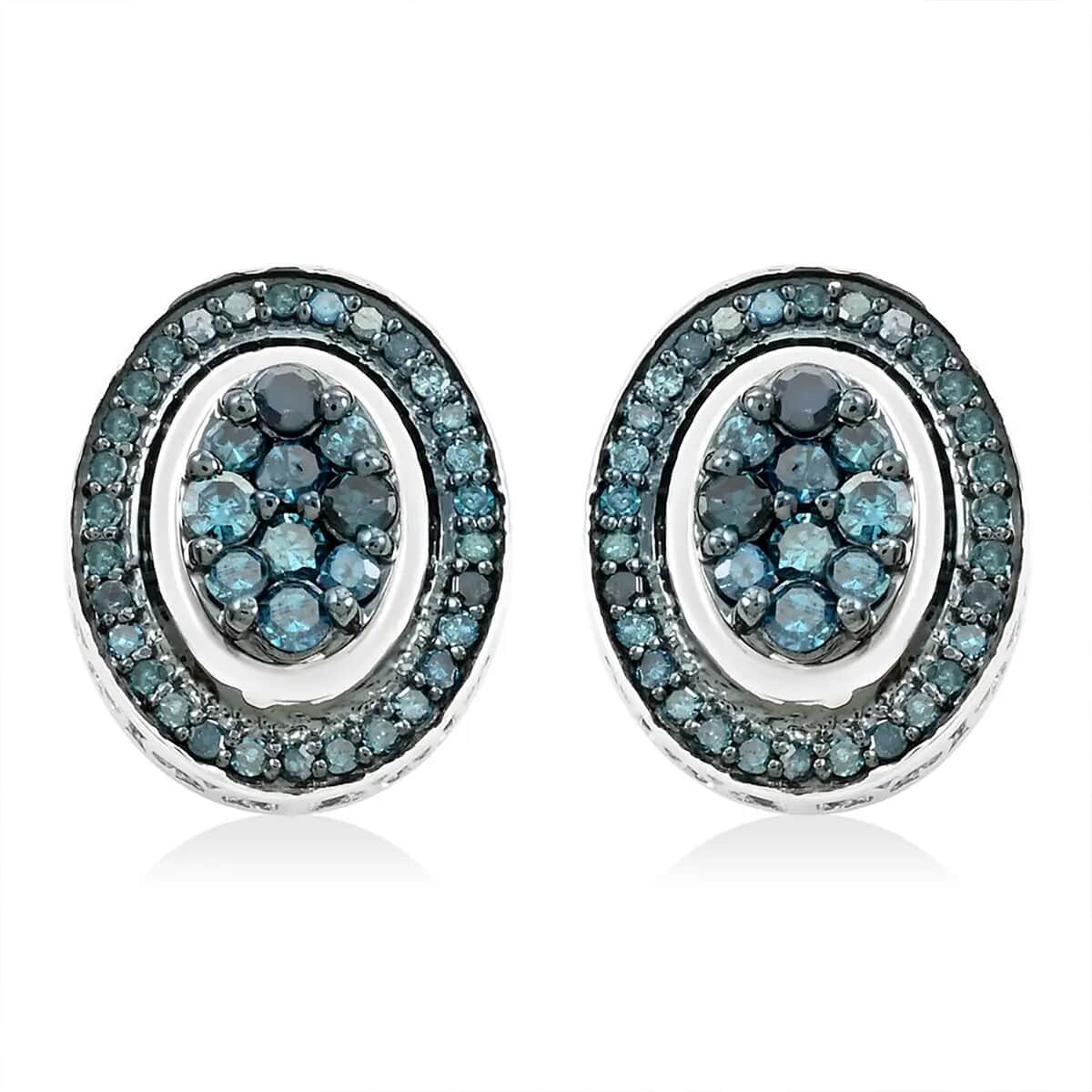 Blue Diamond Cluster Stud Earrings in Platinum Over Sterling Silver 1.00 ctw image number 0
