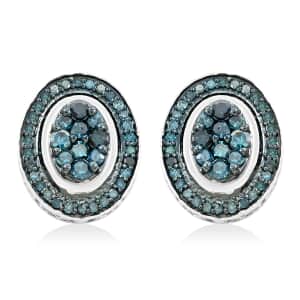 Blue Diamond Cluster Stud Earrings in Platinum Over Sterling Silver 1.00 ctw