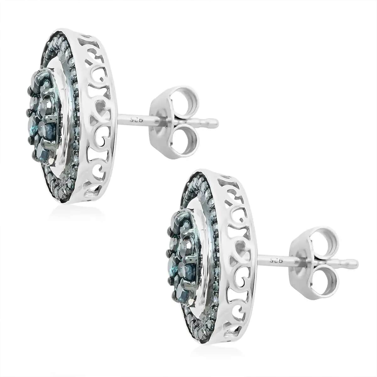 Blue Diamond Cluster Stud Earrings in Platinum Over Sterling Silver 1.00 ctw image number 8