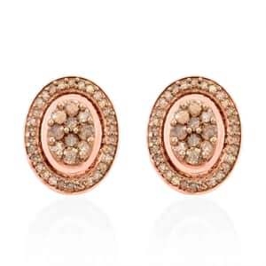Natural Champagne Diamond Cluster Stud Earrings in Vermeil Rose Gold Over Sterling Silver 1.00 ctw
