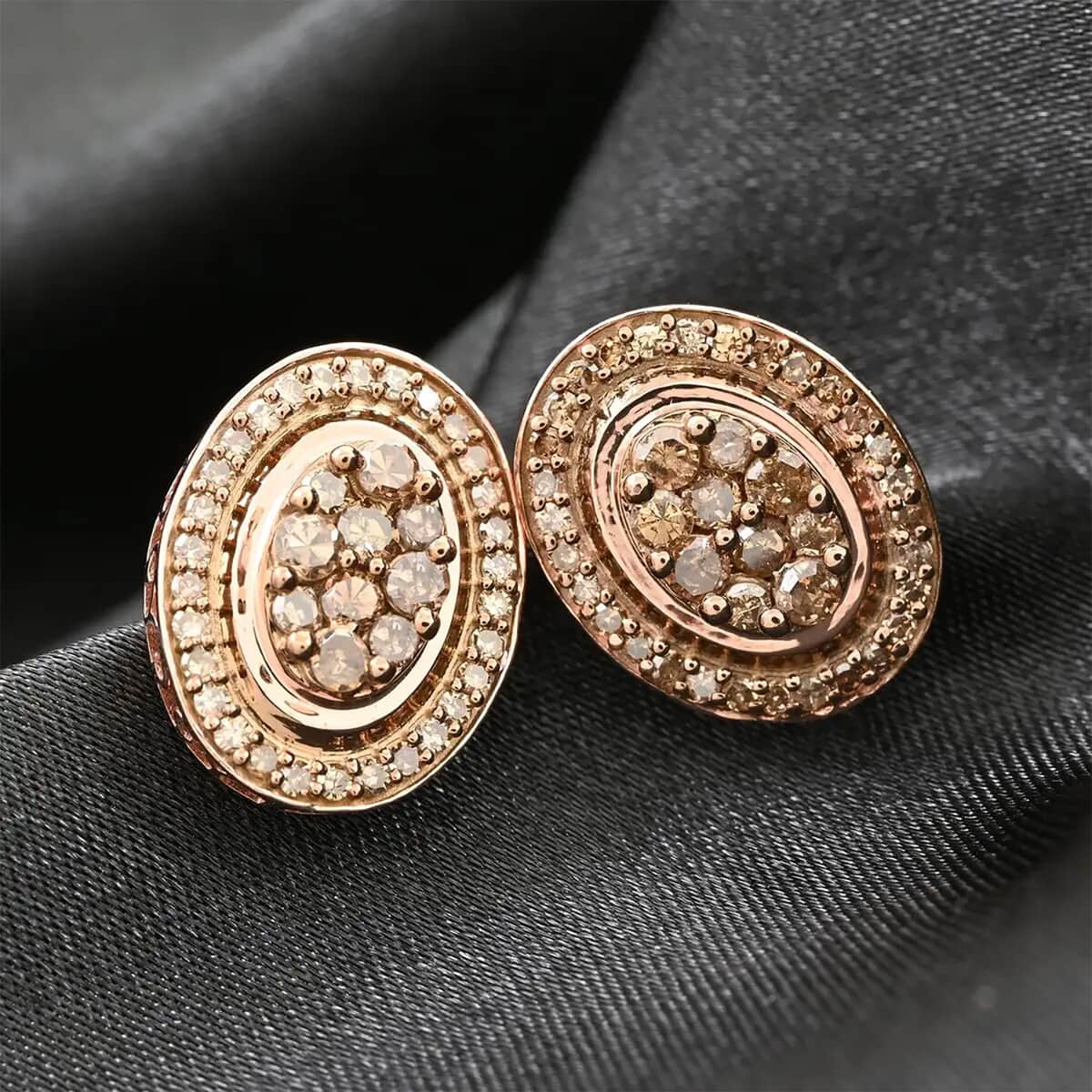 Natural Champagne Diamond Cluster Stud Earrings in Vermeil Rose Gold Over Sterling Silver 1.00 ctw image number 1