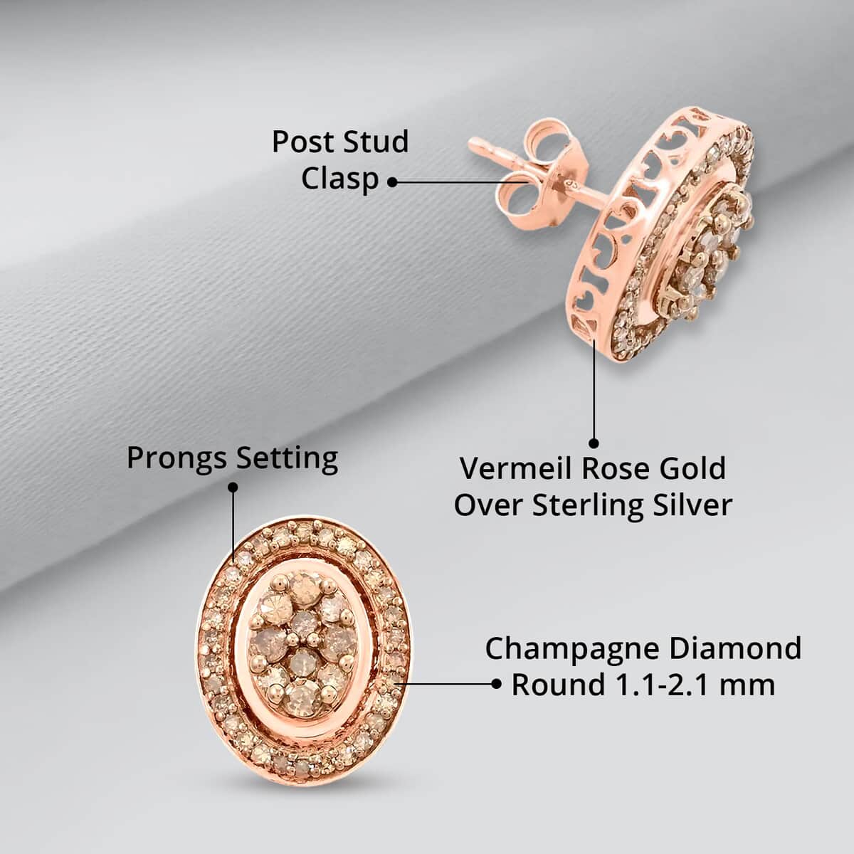 Natural Champagne Diamond Cluster Stud Earrings in Vermeil Rose Gold Over Sterling Silver 1.00 ctw image number 4