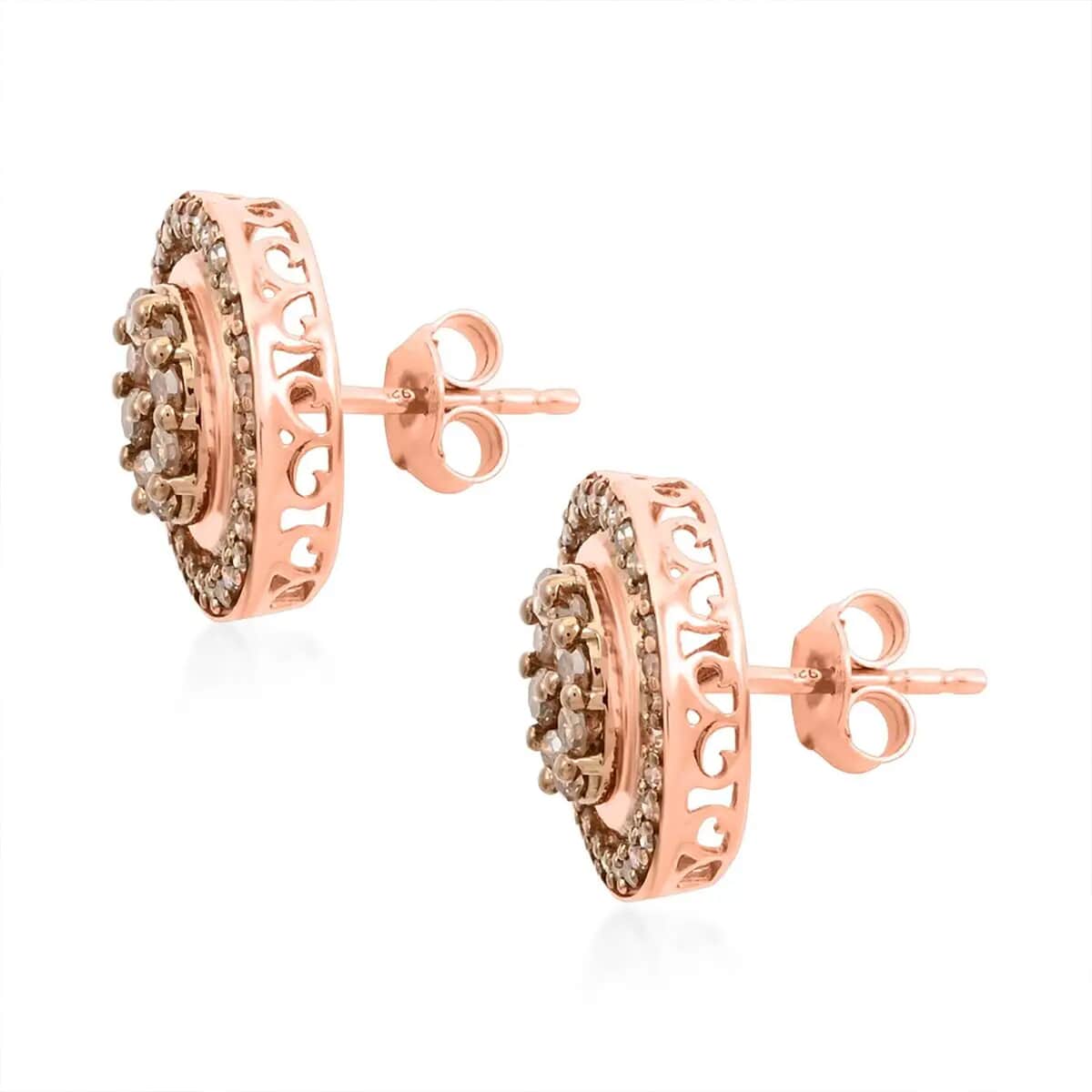 Natural Champagne Diamond Cluster Stud Earrings in Vermeil Rose Gold Over Sterling Silver 1.00 ctw image number 8