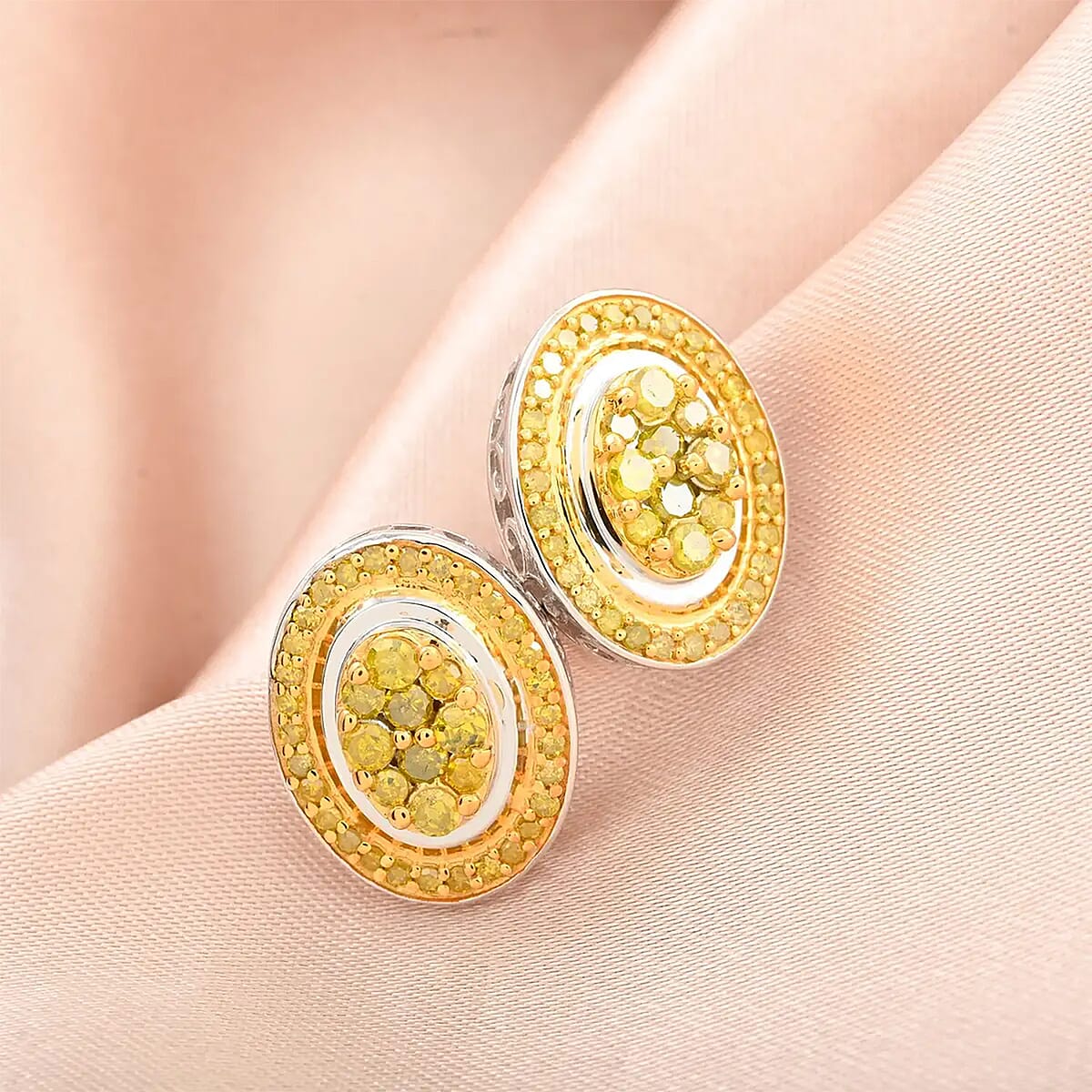 Yellow Diamond Cluster Stud Earrings in Platinum Over Sterling Silver 1.00 ctw image number 1