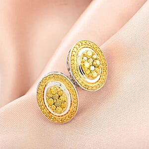 Yellow Diamond Cluster Stud Earrings in Platinum Over Sterling Silver 1.00 ctw