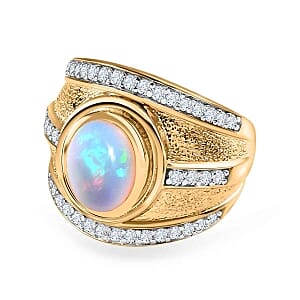 Premium Ethiopian Welo Opal and White Zircon 2.28 ctw Ring in Vermeil Yellow Gold Over Sterling Silver (Size 5.5) (8.87 g)