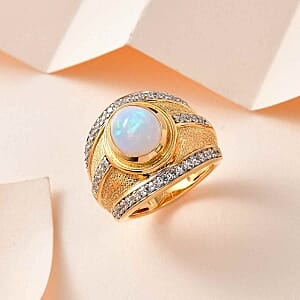 Premium Ethiopian Welo Opal and White Zircon 2.28 ctw Ring in Vermeil Yellow Gold Over Sterling Silver (Size 5.5) (8.87 g)