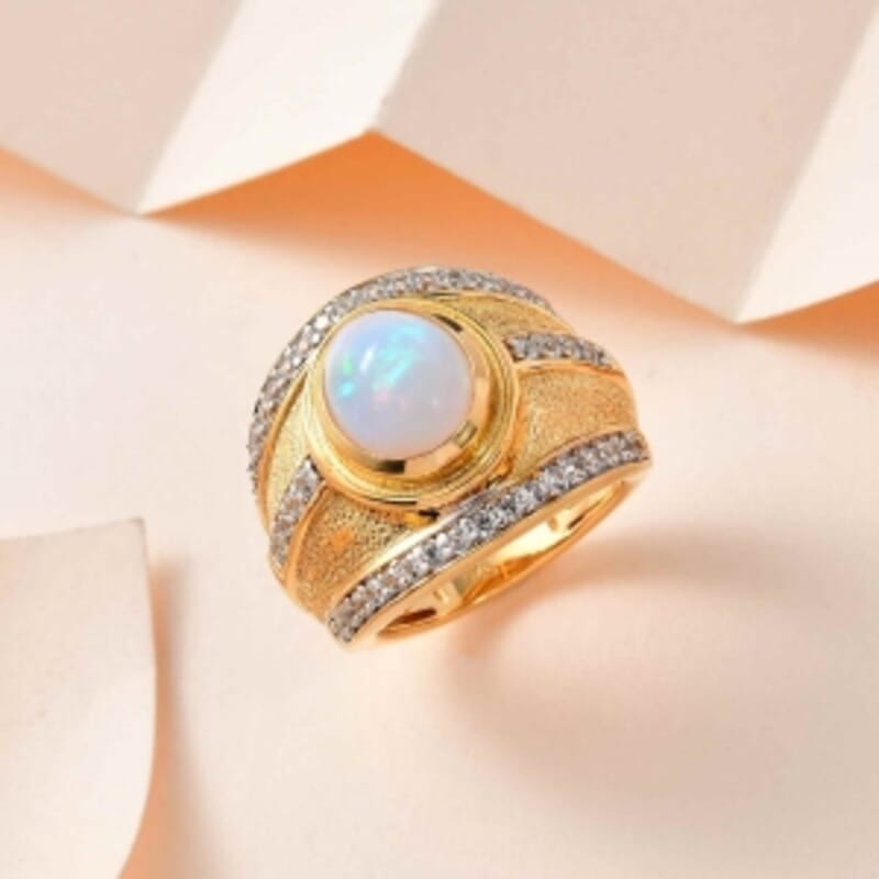 Premium Ethiopian Welo Opal and White Zircon 2.28 ctw Ring in Vermeil Yellow Gold Over Sterling Silver (Size 5.5) (8.87 g)