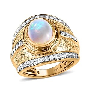 Premium Ethiopian Welo Opal and White Zircon 2.28 ctw Ring in Vermeil Yellow Gold Over Sterling Silver (Size 5.5) (8.87 g)